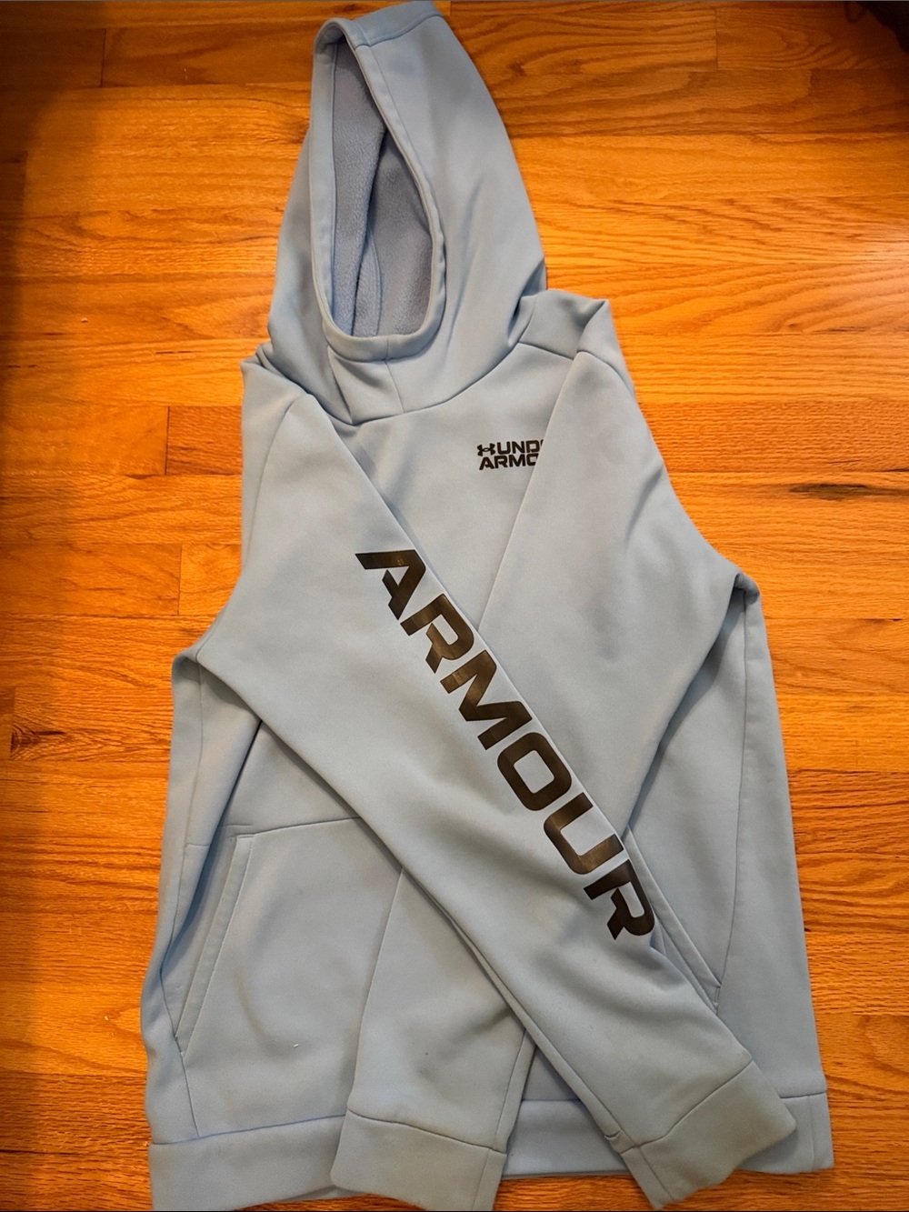 Under Armour Boys Light Blue Crewneck Hoodie with Black wording on Sleeve Logo